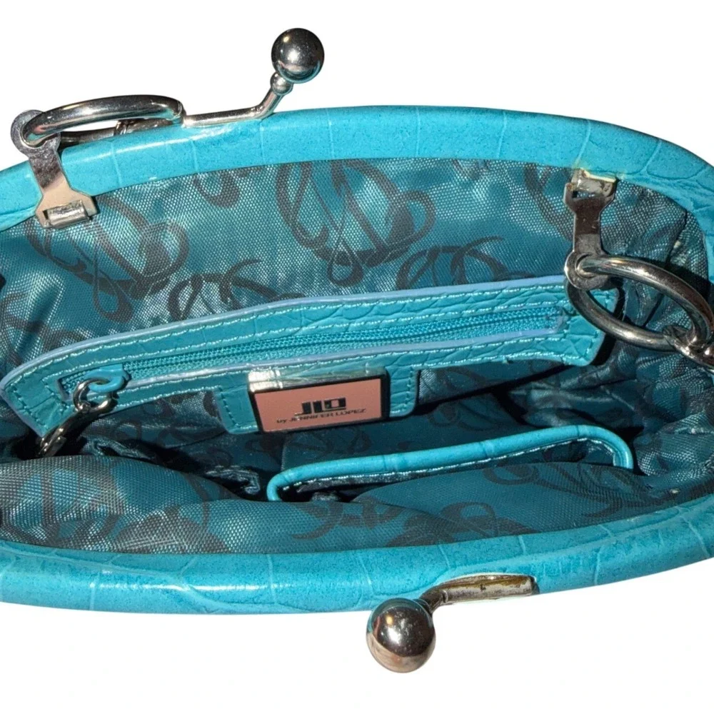 JLO Jennifer Lopez Blue Floral Embroidered Kiss Lock Frame Handbag Croc Trim